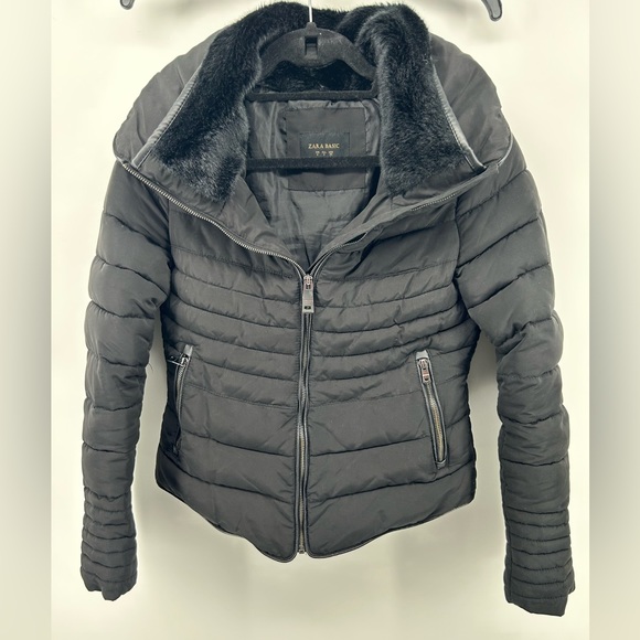 ZARA WOMEN BLACK WARM QUILTED PARKA JACKET Removable Fur Hidden Hood Small - Picture 16 of 16